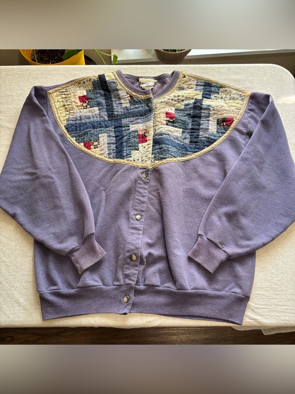 Vintage Jerzees Purple Patchwork Grandma Cardigan Sweatshirt XL Quilted